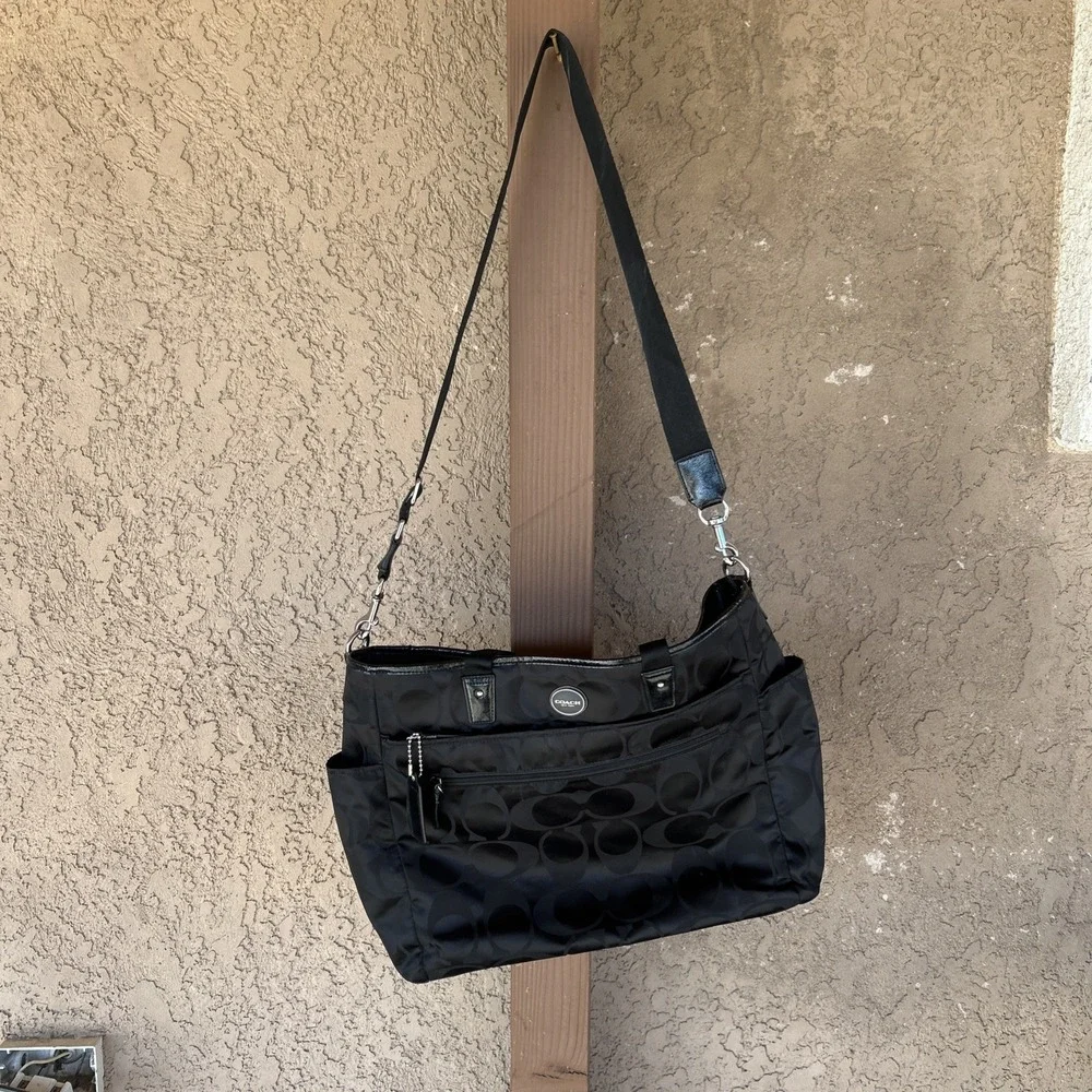 Y2k COACH F77577 Black Signature Nylon Baby Bag Diaper Tote Crossbody Travel XL